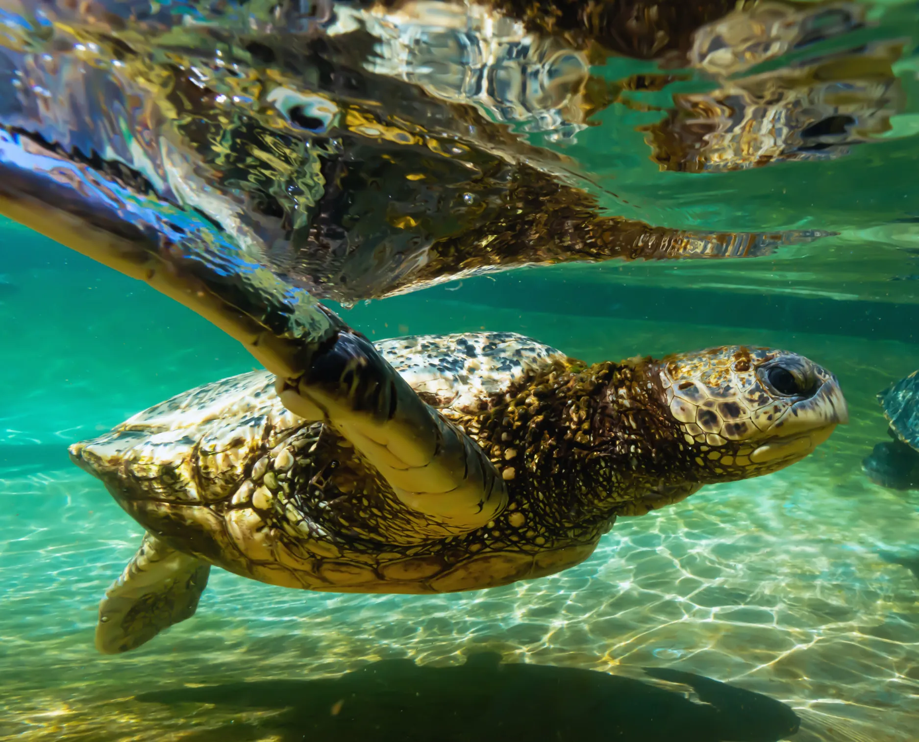 優雅に泳ぐアオウミガメ